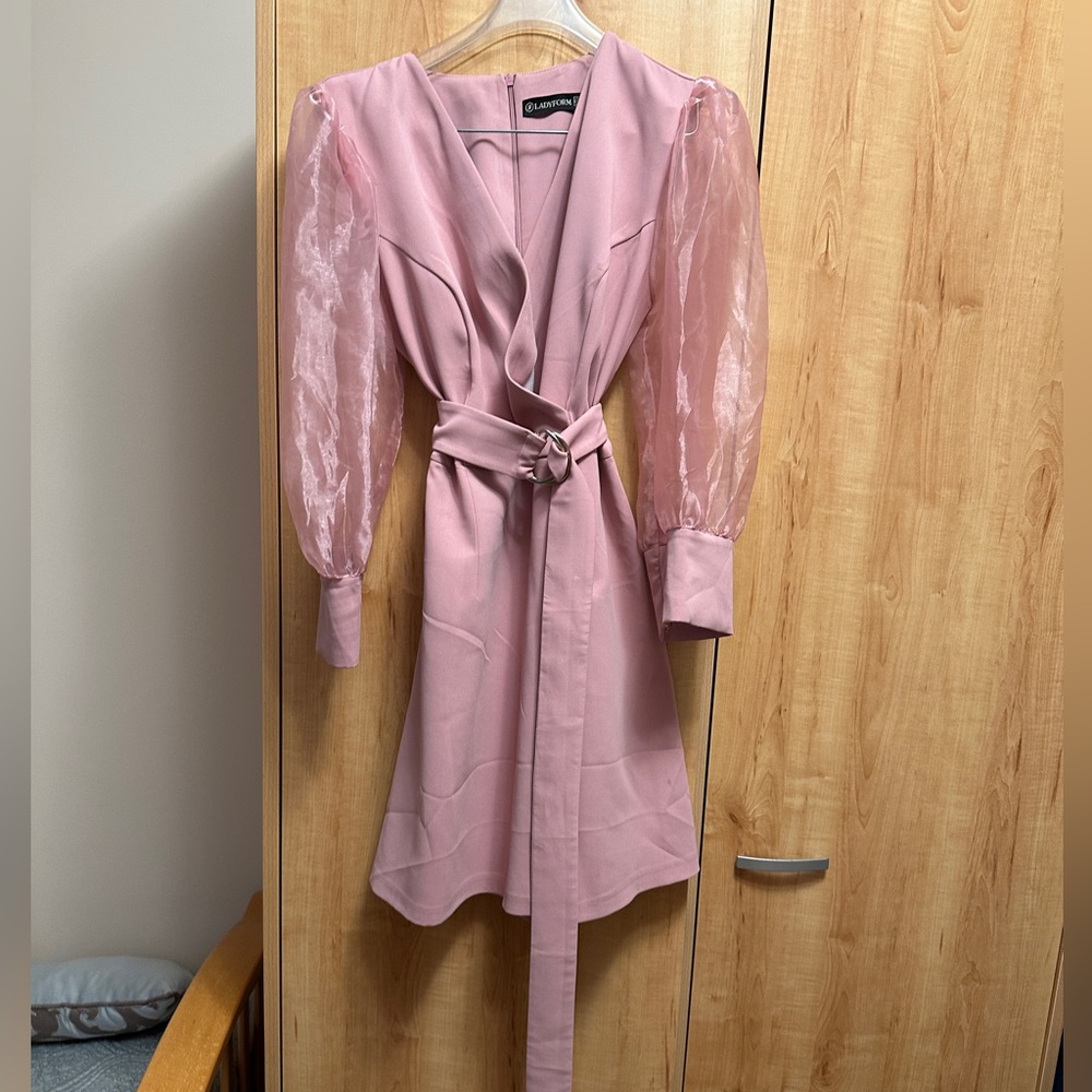 Elegant Pink Dress with Sheer Sleeves